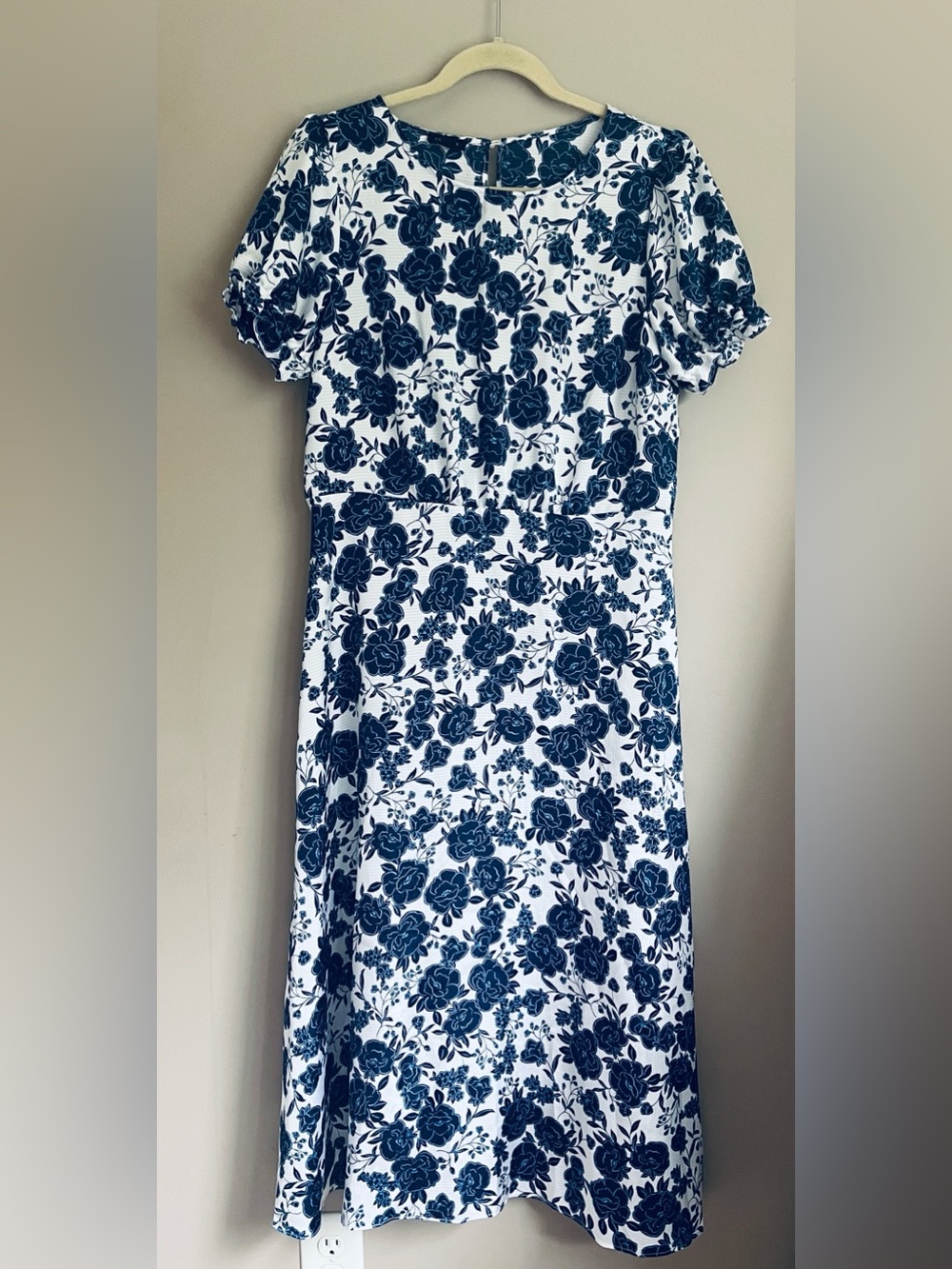 Talbots Blue & White French Floral Puff-Sleeve Midi Dress size 8